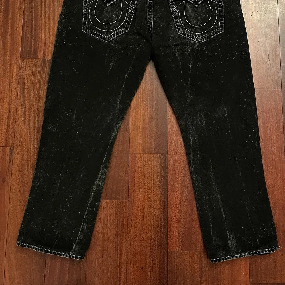 True Religion Jeans Men 40 Black Ricky Flap World Tour Straight Baggy 42x29 Y2k